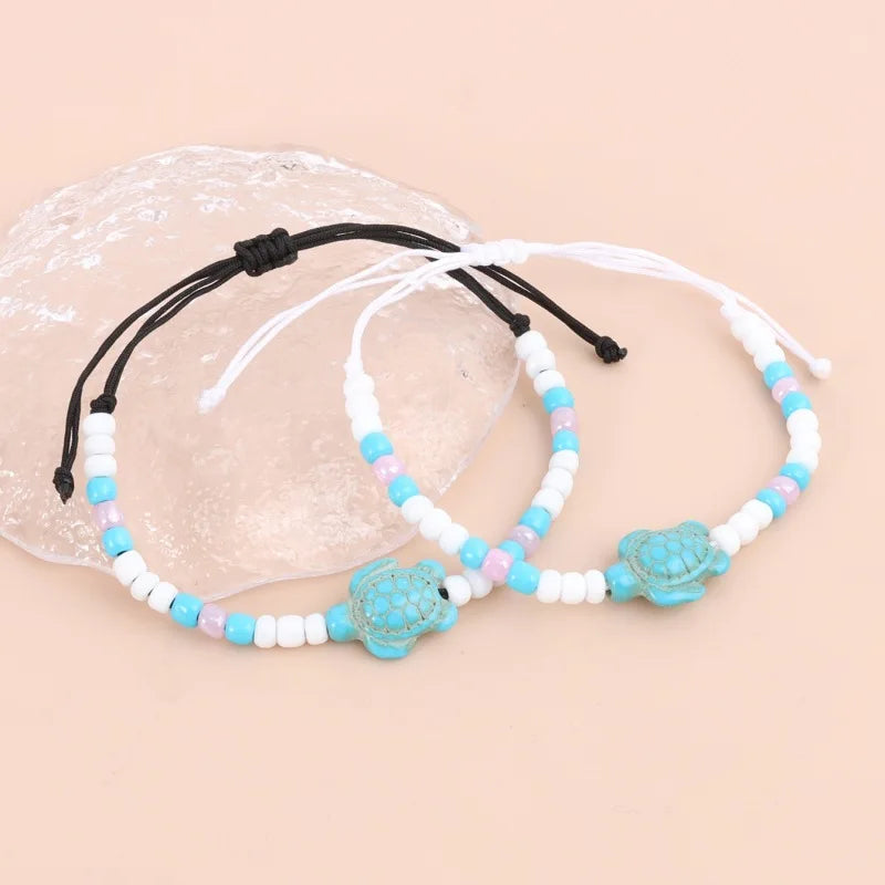 Handmade Boho Turquoise Sea Turtle Bracelets Adjustable Beaded Woven Rope Charm Bracelets for Couples Ocean-Inspired Style