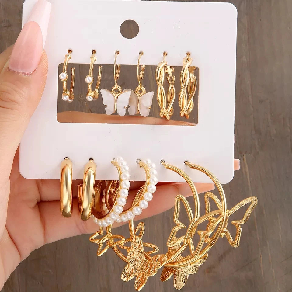 Fashion Metal Geometric Pearl Circlegg Hoop Fashion Jewelry Gold Trendy Earrings Set for Women