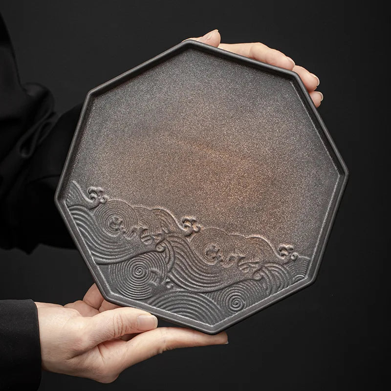 Japanese Gilding Iron Glaze Ceramic Tea Tray Ceramic Pot Pot Holder Support Tea Table Small Fruit Tray Tea Cake Tray