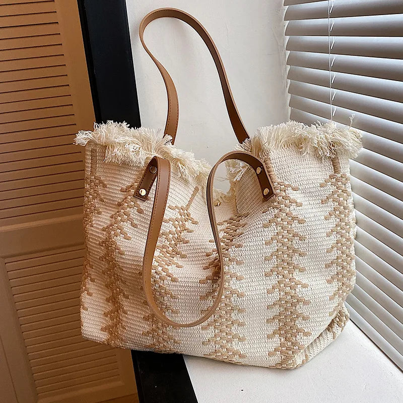 AContrast Color Striped Shoulder Bags for Women Large Capacity Commuter Ladies Tote Bag Tassel Design Female Shopping Handbags
