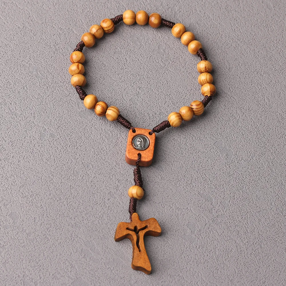 Wholesale Natural Wooden Cross Rosary Bracelet 8mm Pine Wood Beads Mary Rope Woven Easterewelry Type Bangles