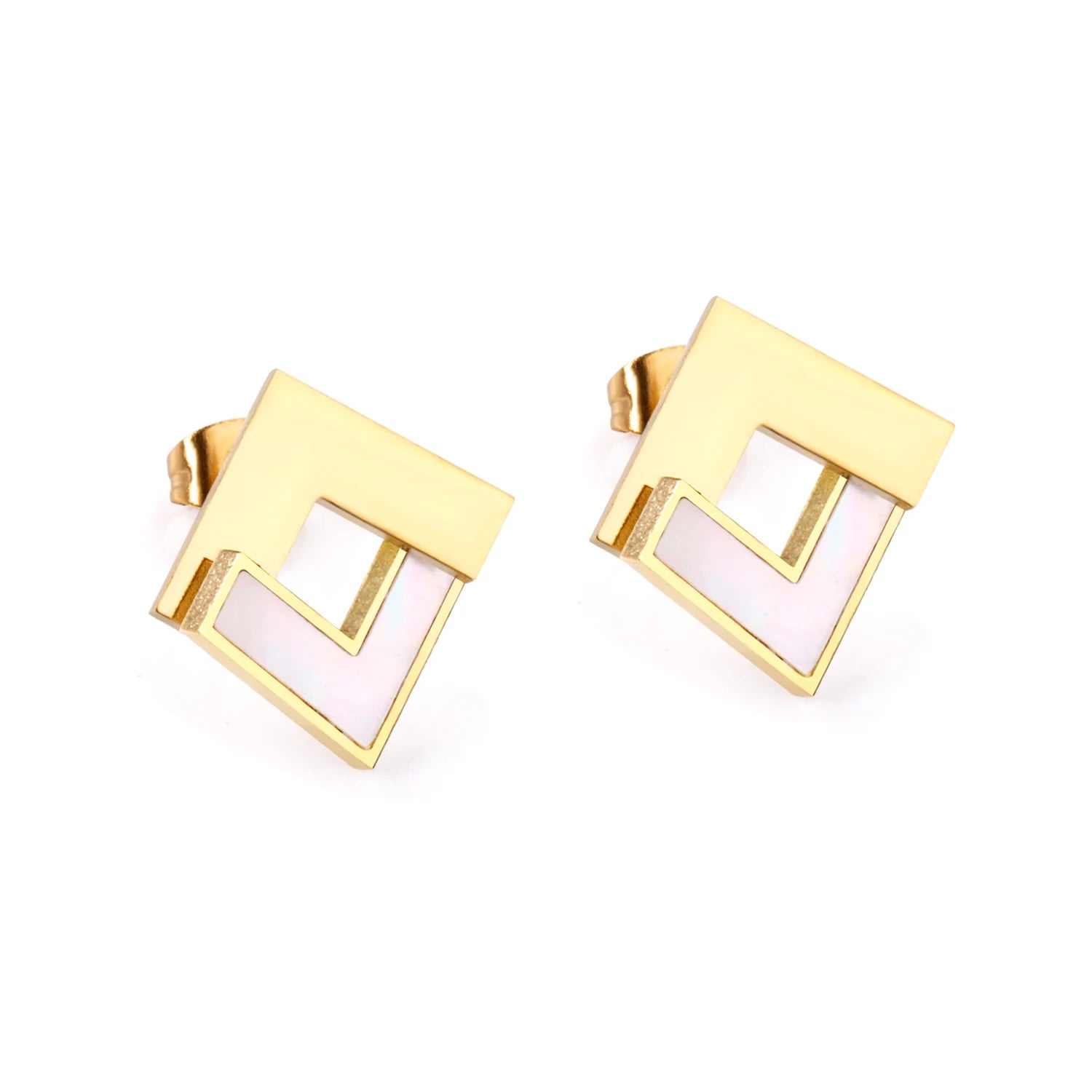 Gold Plated Stainless Steel Elegant Geometric Stainless Steel Small Dubai Stud Gold White Shell Rectangle Earring for Girls