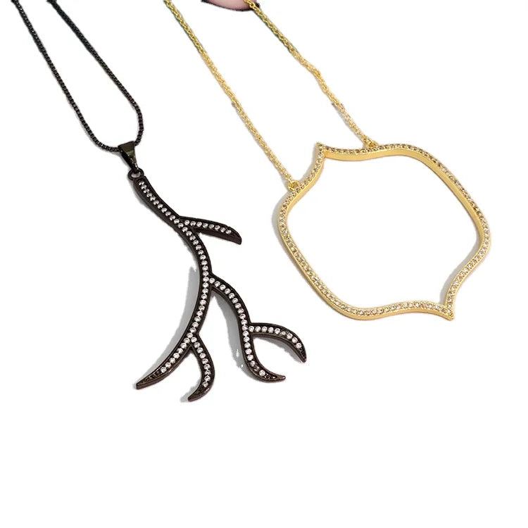 Chunky 18K Gold Plated Jewelry Open Cubic Zirconia CZ Micro Pave Heart Black Branch Leaf Antler Horn Pendant Chain Necklace