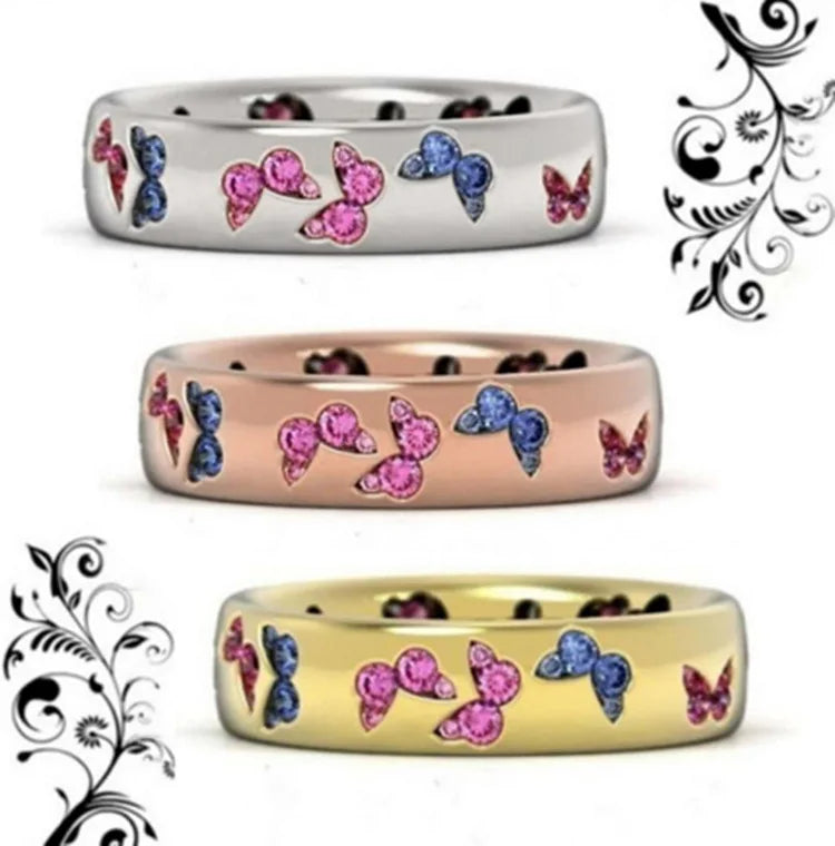 Hot Selling Exquisite Butterfly Inlay Mixed Color Zircon Ring Diamond Wedding Party Rings for Women