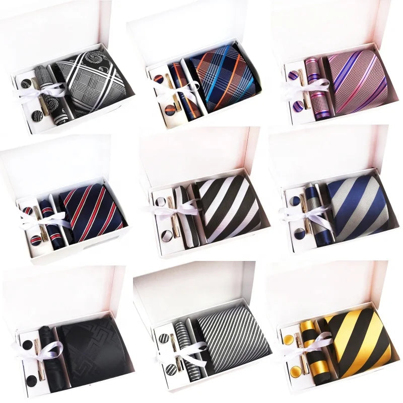 Classic Stripe Neckties With Pocket Squares Custom Men Ties and Hanky Set Tie Clip Pocket Square and Cufflink Set Gift Box