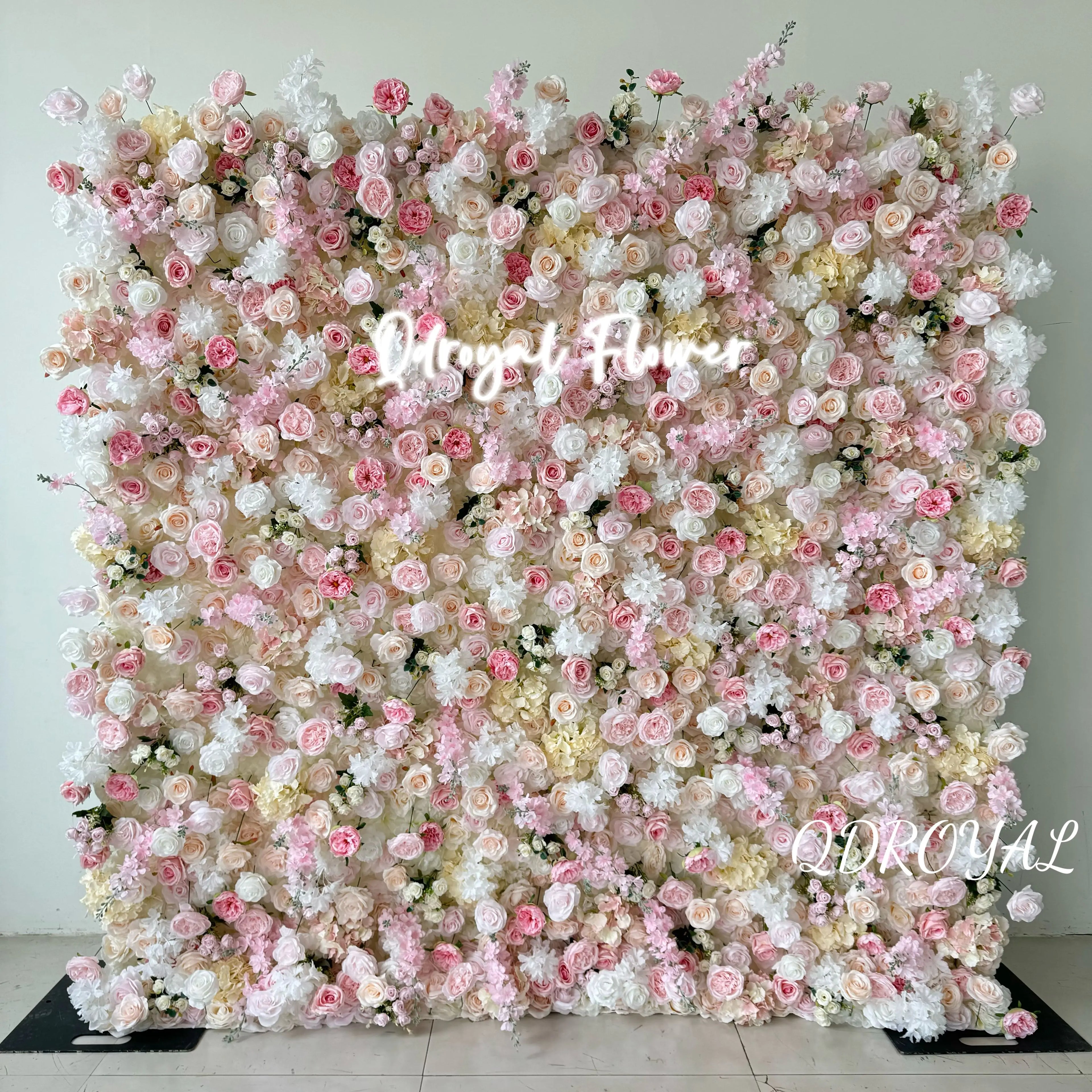 Handmade White Silk Artificial Rose Wall for Wedding Backdrop Decoration Wedding Supplier's Cloth Roll-up Flower Wall