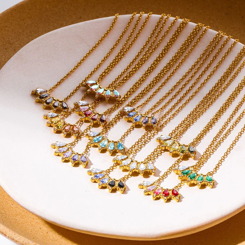 Luxury Fashion 18k Gold Plated Stainless Steel Teardrop Zircon Birthstone Necklace Charm for Women Girls