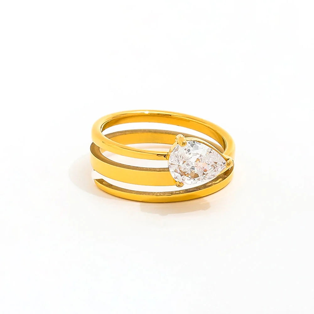18K PVD Tarnish Free & Waterproof Multi-layer Spiral Red Clear Cubic Water Drop Zirconia Stainless Steel Ring Jewelry