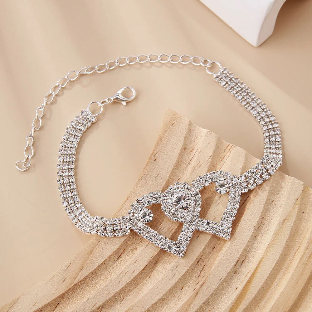 Gold Silver Plated Bling Full Crystal Zircon Tennis Cuban Link Chain Women Initial Double Heart Anklets Jewelry for Women
