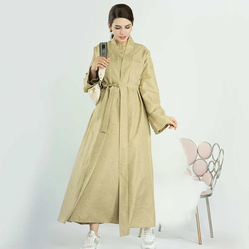 Women's Modest Abaya Dress Ramadan Solid Color Open Abaya with Breathable Soft Linen Plus Size Dubai Muslim Clothing