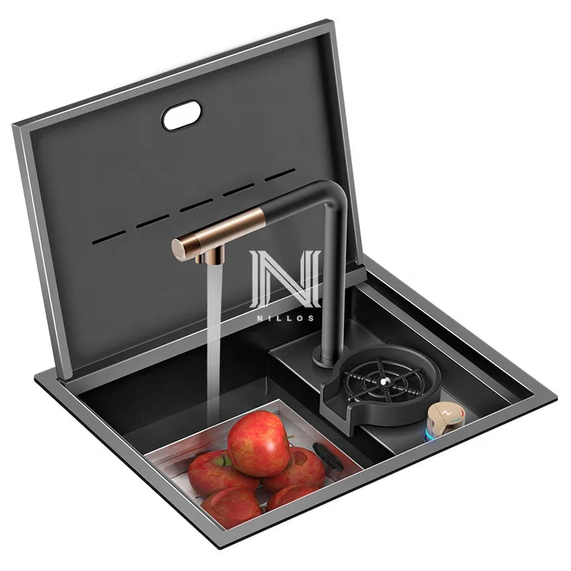 TD4838 21.7" Hidden Kitchen Sink-Handmade Square 304 Stainless Steel Nano Black Single Bowl with Cover for Apartment/RV/Bar MegaBDM