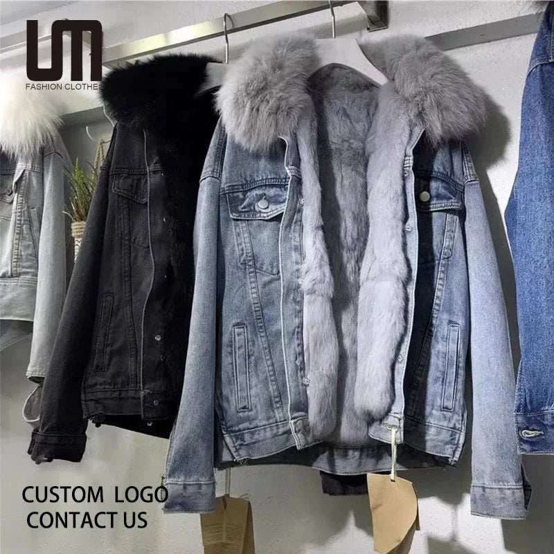 Liu Ming Hot Selling Fashion Winter Women Clothes Vintage Oversized Loose Fur Collar Denim Jacket Cotton Thick Warm Coat
