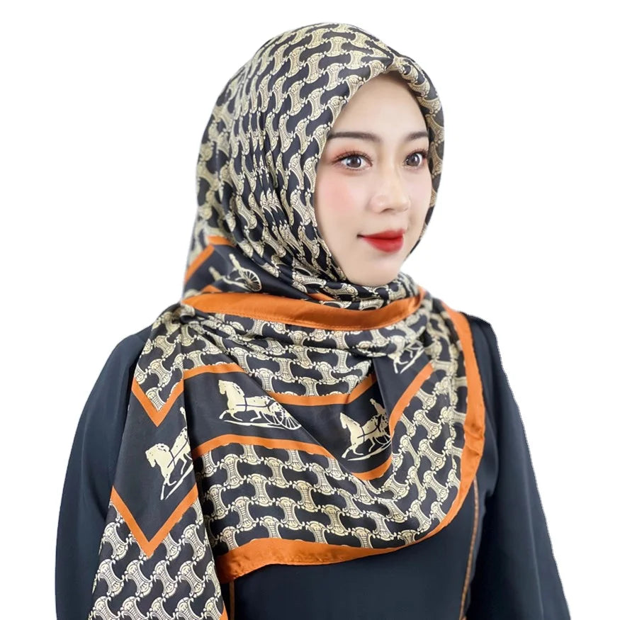 Floral Pattern Luxury Style Silk Satin Jersey Fabric Muslim Hijab for Women Fashionable Middle East Design