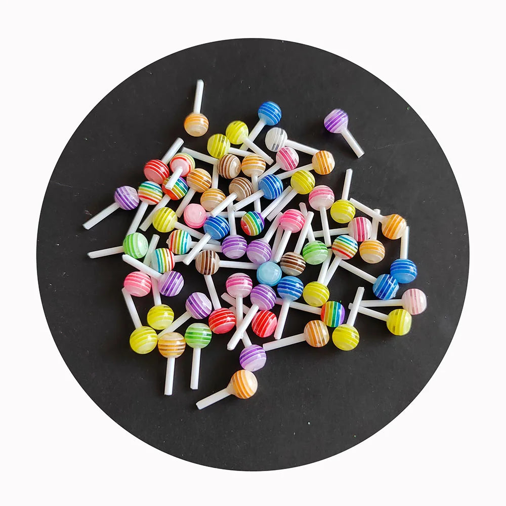 100Pcs 4/6/8MM Resin Tiny Rainbow 3D Lollipop Candy Slime Beads Miniature Food Lollipop for DIY Craft Cake Topper Birthday Gifts