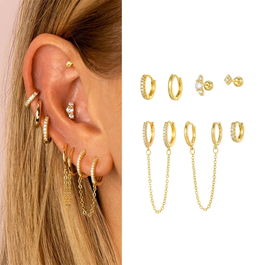 7pcs Stylish S925 Silver Needle 5A Zircon Earrings with Chain Design for Office and Wedding Casual Jewelry Set