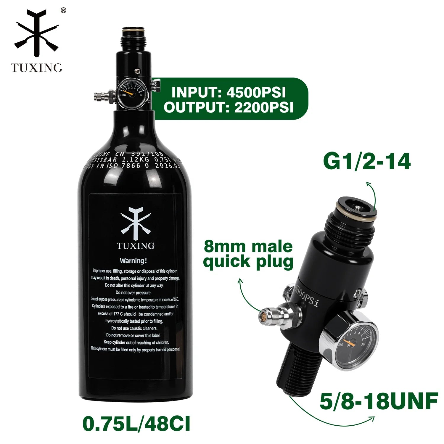 TUXING Hot Selling Convenient 0.75L HPA 20mpa 200bar 3000psi Outdoor Sport Fully Wrapped Composite Black Pcp Aluminum Air Bottle