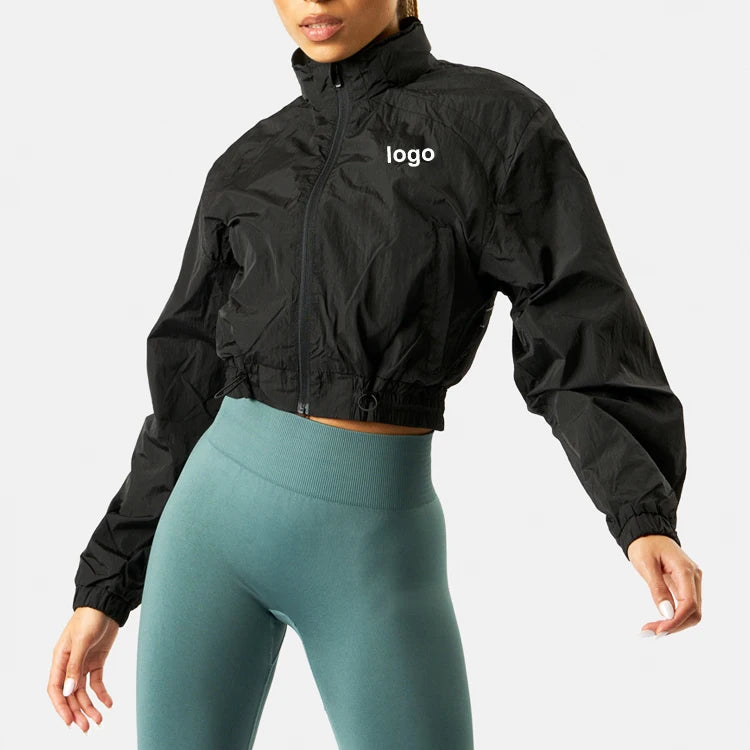Wholesale Custom Active 100%Nylon Full Zip up Sports Gym Women Crop Windbreaker Jackets With Piping