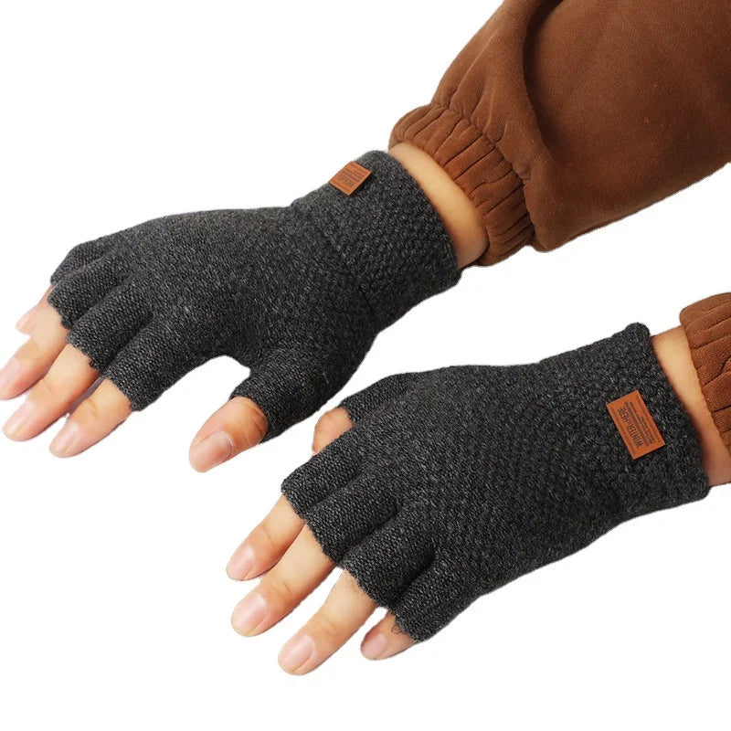 Men Outdoor Sport Hand Warmer Fingerless Touch Screen Students Mitten Winter Knitting Warm Alpaca Wool Half Finger Gloves