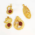 Ancient Gold Plated Copper Pendants Chinese Loong Red Jade Pendants Precious Stone Natural Carnelian Feather Gourd Amulet Charms