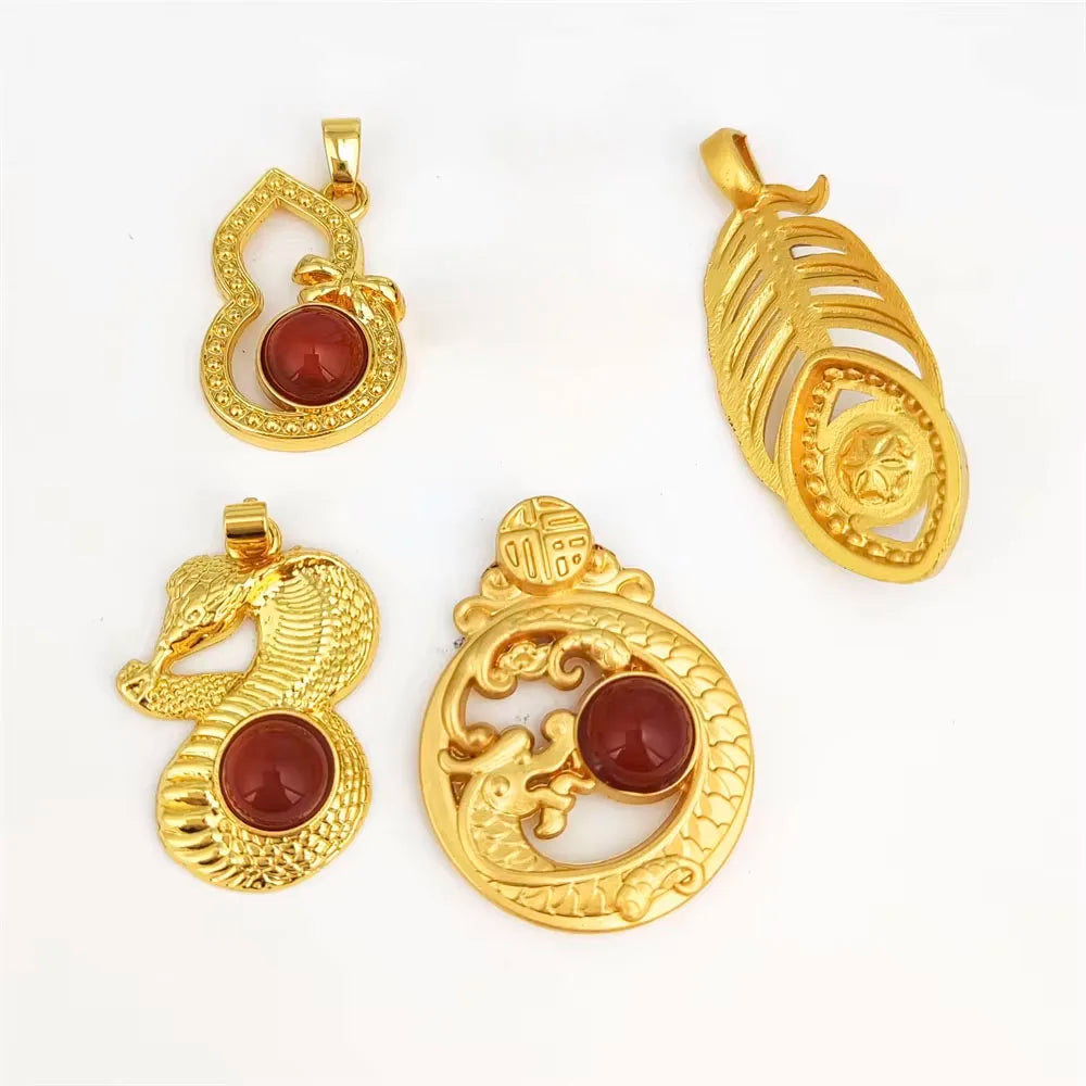 Ancient Gold Plated Copper Pendants Chinese Loong Red Jade Pendants Precious Stone Natural Carnelian Feather Gourd Amulet Charms