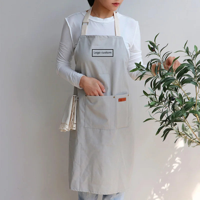 Custom Logo Cotton French Canvas Bib Apron for Simple Household Kitchen Chef Waiters Artists Barista Shop Bar Restaurant Work