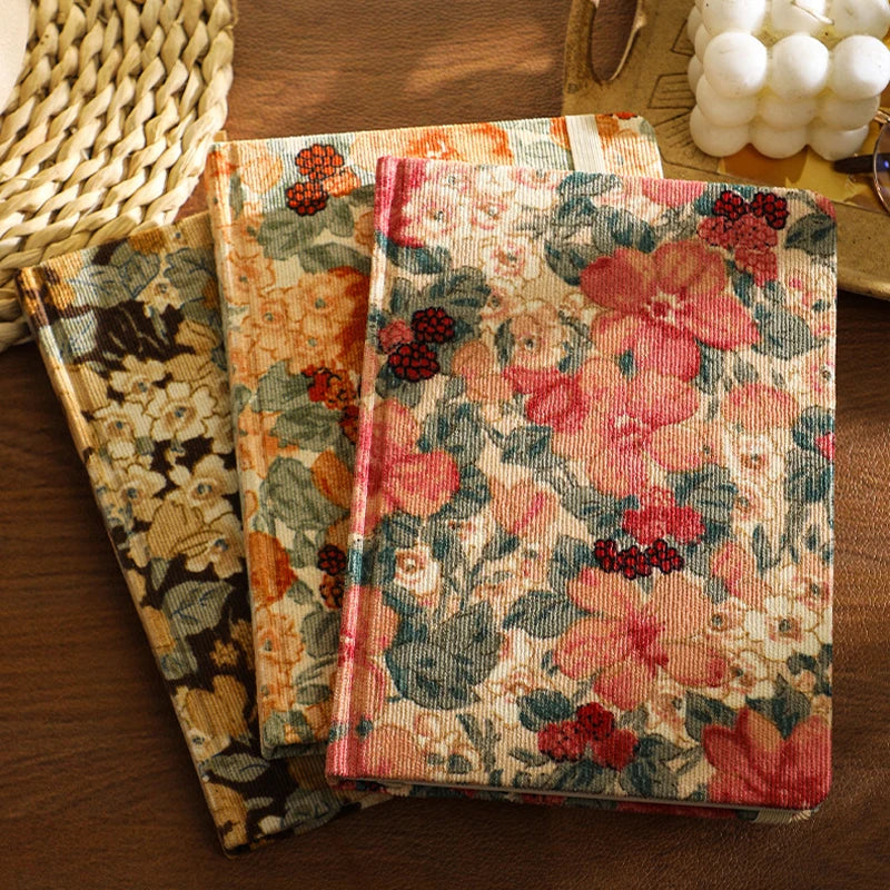 A5 Vintage Oil Painting Style Printed Notebook Handmade Corduroy Fabric Planner Facecloth Cotton Journal Floral Design Notepad