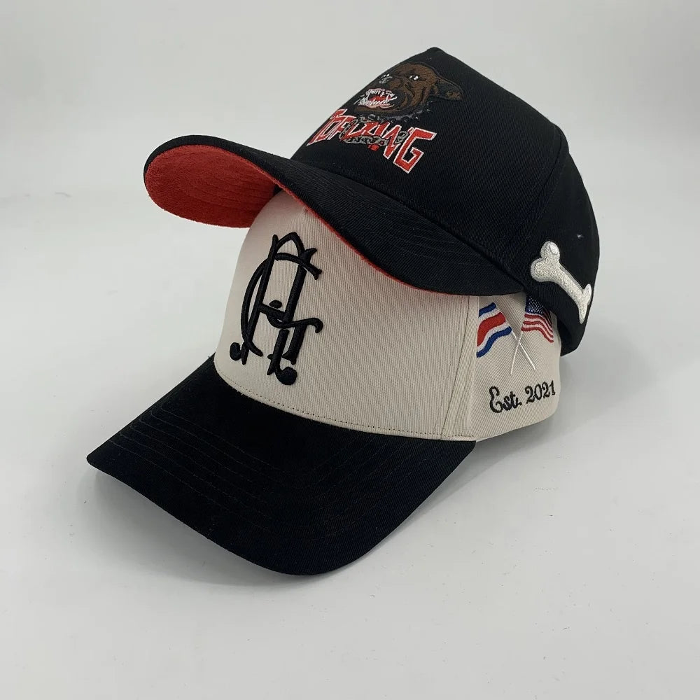 3D Embroidery Custom Logo Baseball Hats Dog Embroidered White and Black 5 Panel Personalized Sport Golf Baseball Caps