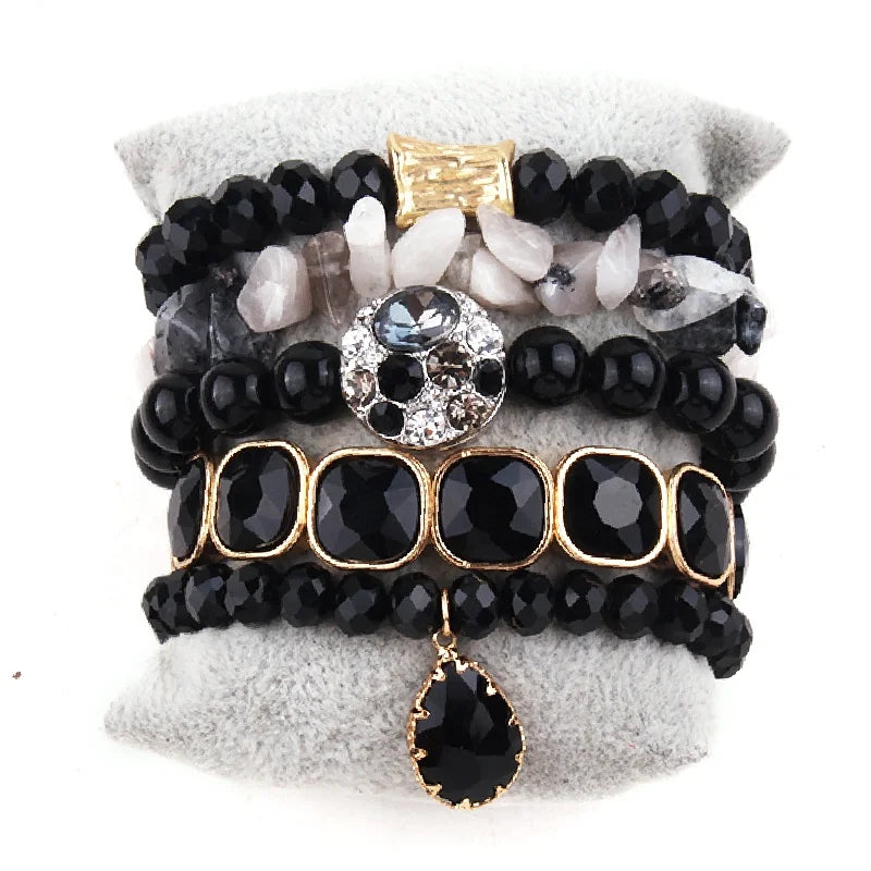 Fashion Women 5pc Stretch Natural Gemstone Elastic Fuchsia Shiny Square Crystal Bracelets Druzy Stack Bracelets Sets