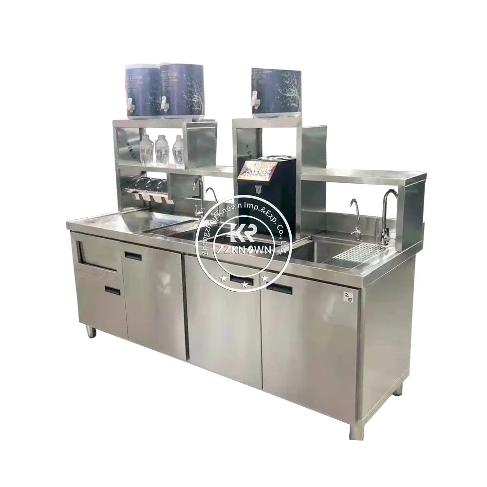 2025 Commercial Refrigerated Milk Tea Working Table Bar Coffee Shop Counter With Custom Drink Equipment