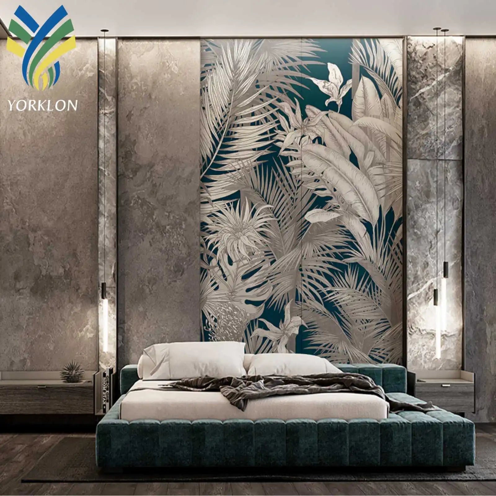 YKMP 094 Custom Painting Modern Wall Decor Embossed PVC Floral Tropical Wall Paper Mural Green Leaves Waterproof Wallpaper