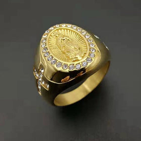 2024 Fashion Fine Luxury Hip Hop Punk Religious Accessories Unique Virgin Mary Stainless Steel Cross Ring for Men Gift