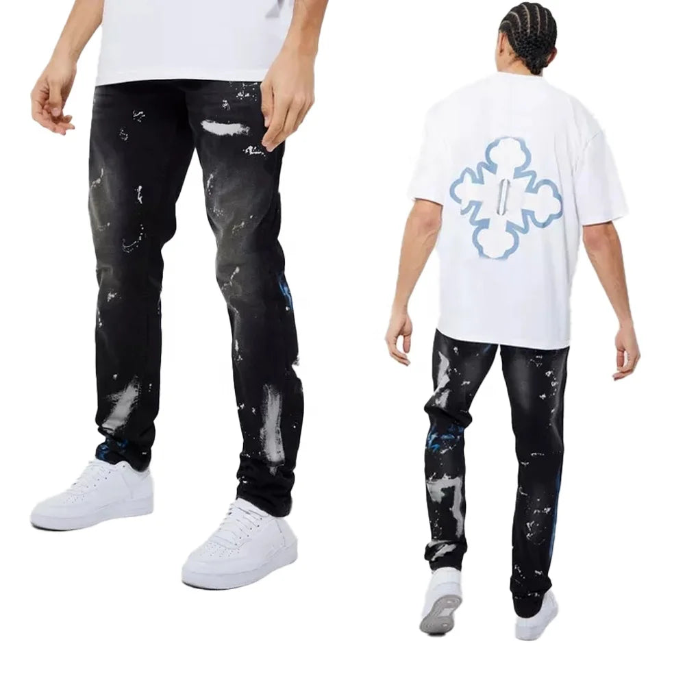 KY 2023 New Design High Quality Splash Printing Distressed Jeans Men Washed Jeans Pants for Men