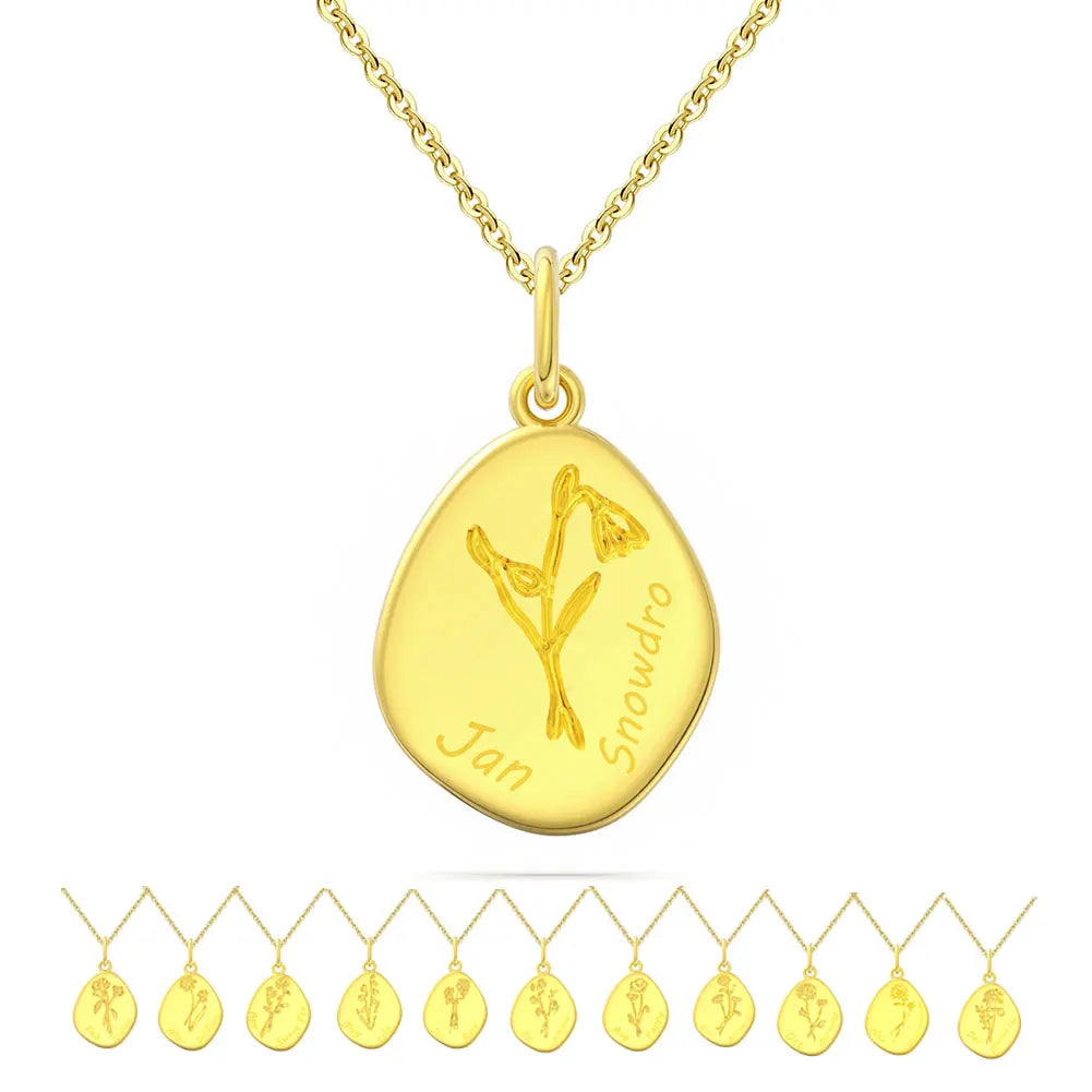 APN33 RINNTIN Dainty 925 Silver Birth Flowers Necklace 14k Gold Engraved Custom Floral Pendant Necklaces for Women