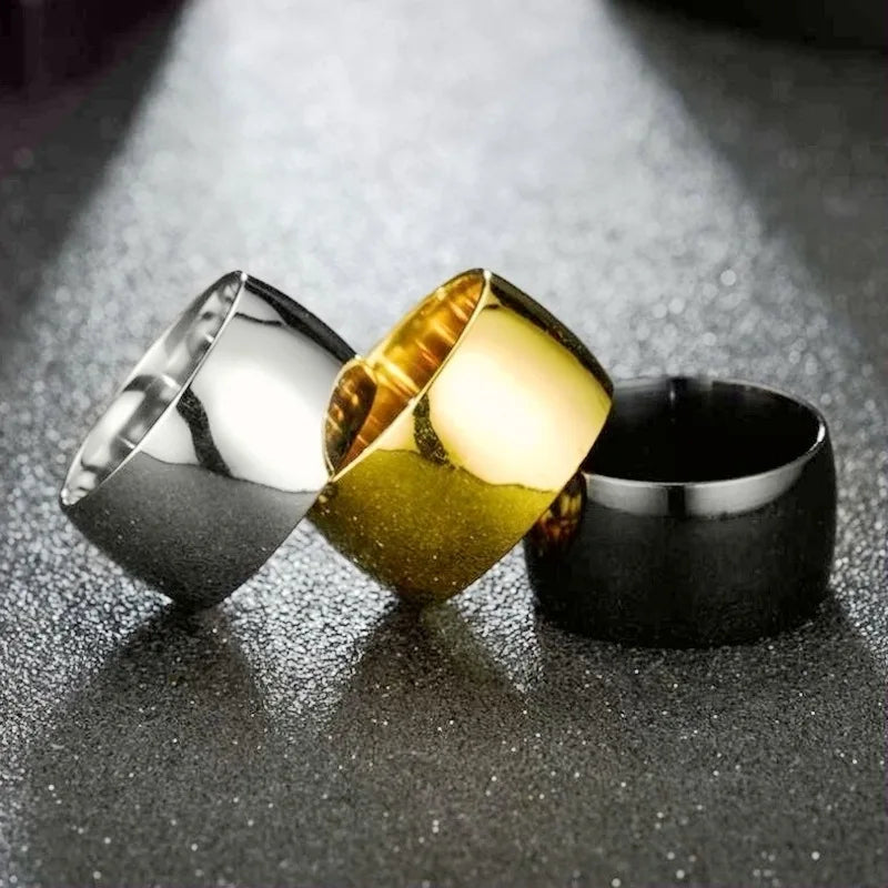 12mm Wide Simple Steel Finger Rings for Men 18k Gold Silver Black Color Smooth Face Daily Wear Stainless Steel Jewelry