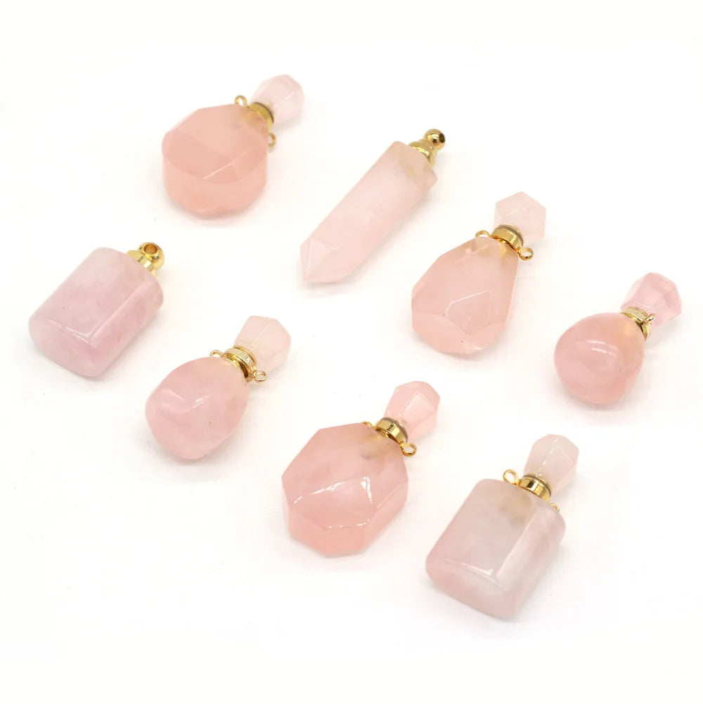 Wholesale Custom Hand Carving Natural Crystal Rose Quartz Perfume Bottle Essential Necklace Pendant Woman Jewelry
