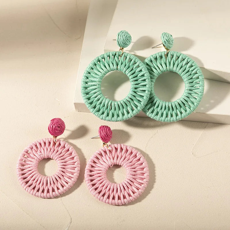 Fashion Bohemian Handmade Rattan Earring Ethnic Style Exaggerated Circle Rattan Earring Handmade
