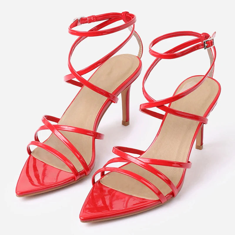 Patent Leather Pointed Toe Ankle Strap Crisscross High Heels Stiletto Heel Women Dance Party Sandals
