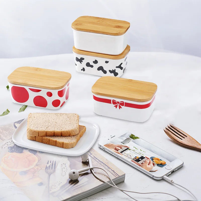 8 Inch Modern Ceramic Pottery Oval Butter Dish Bamboo Lid Customized Pattern Eco-Friendly Airtight Container for Hotels Parties