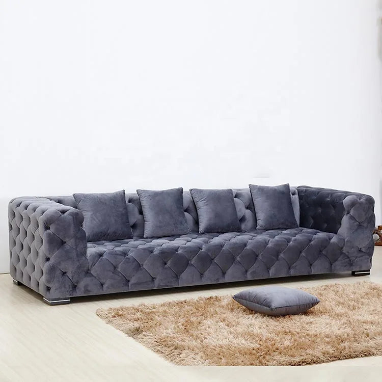 American Pull-button Velvet Fabric Wood Frame Three Seat Sofa Combination for Hotel Bedroom Living Room-Modern Design
