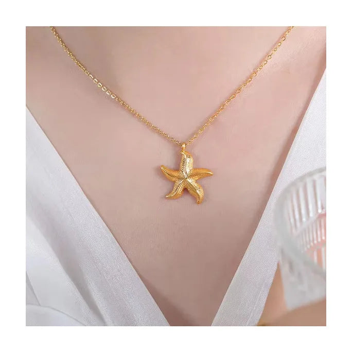 Fashion Stainless Steel Starfish Pendant Necklace New Design 18K Gold Plated Waterproof for Women Men
