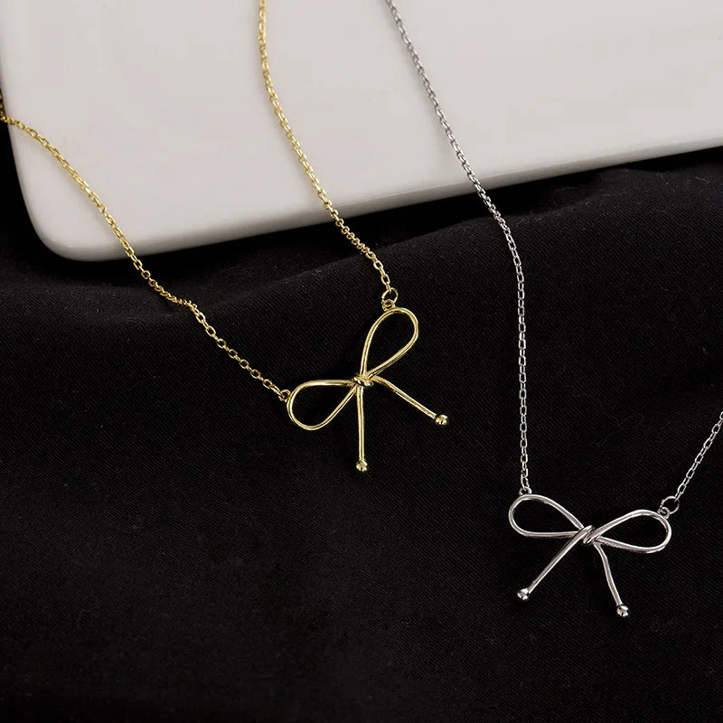 Ins Fashion 925 Silver Plain Simple Bow Dangling Necklaces Jewelry 18K Gold Plated Sterling Silver Necklaces for Women