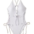XCPCSM-011 Women's One Piece Solid Contrast V Neck Wrinkle Double Strap Back Cross Backless Beachwear Recycle Fabric Swimwear