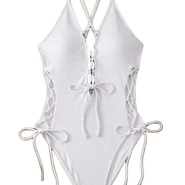 XCPCSM-011 Women's One Piece Solid Contrast V Neck Wrinkle Double Strap Back Cross Backless Beachwear Recycle Fabric Swimwear