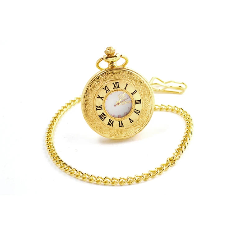 BOSHIYA Antique Engraved Roman Numerals Half Hunter Gold Sliver Black Bronze Quartz Pocket Watch with Chain