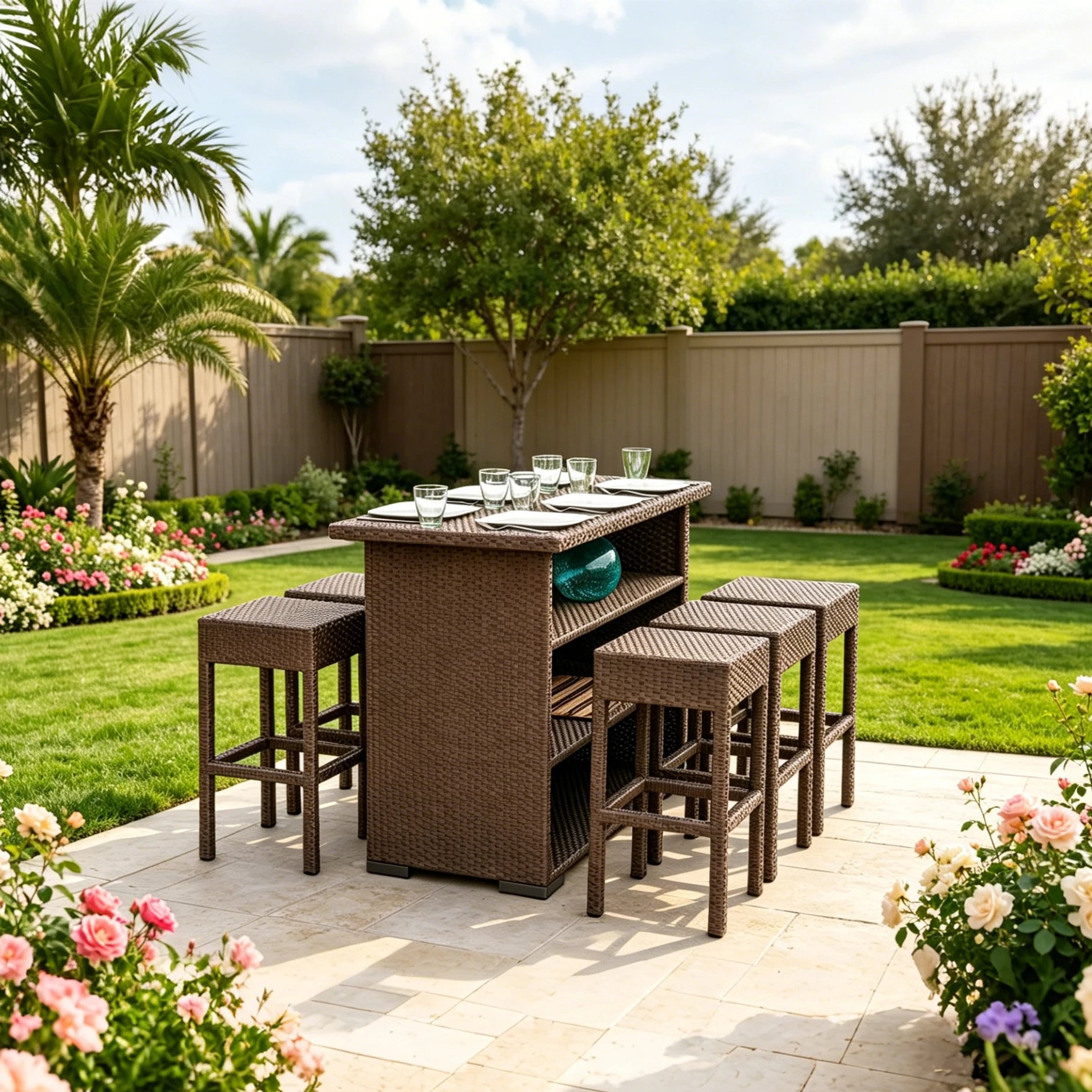 Modern Outdoor Dining Furniture Garden Rattan Bar Tables Chairs Shelves Durable Aluminum Hot Sale Factory Price for Courtyard