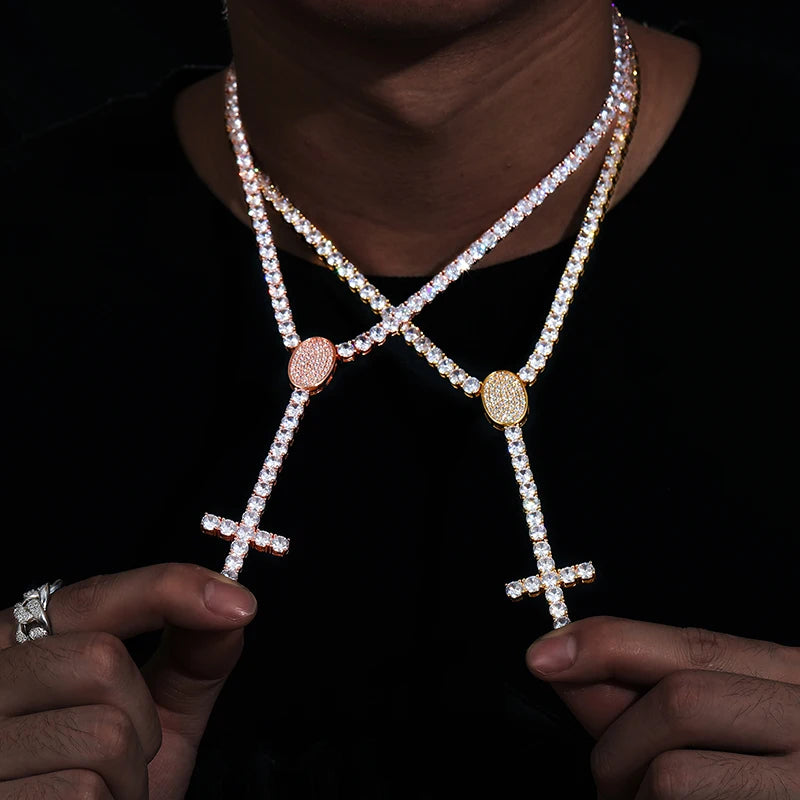 New Arrival Fashion Jewelry 5mm Gold Plated Brass Prong Set 5A Zircon CZ Diamond Cluster Tennis Chain Long Cross Necklace
