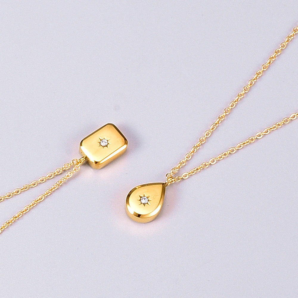 Fashion Gold Plated Stainless Steel Zircon Square Pendant Water Drop Teardrop Accessories Necklaces Women Jewelry