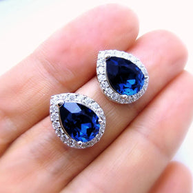 CAOSHI Pear Cut Water Drop Shape Stud Earrings for Women Blue Green Stone Crystal Silver Color Earrings Copper Jewelry