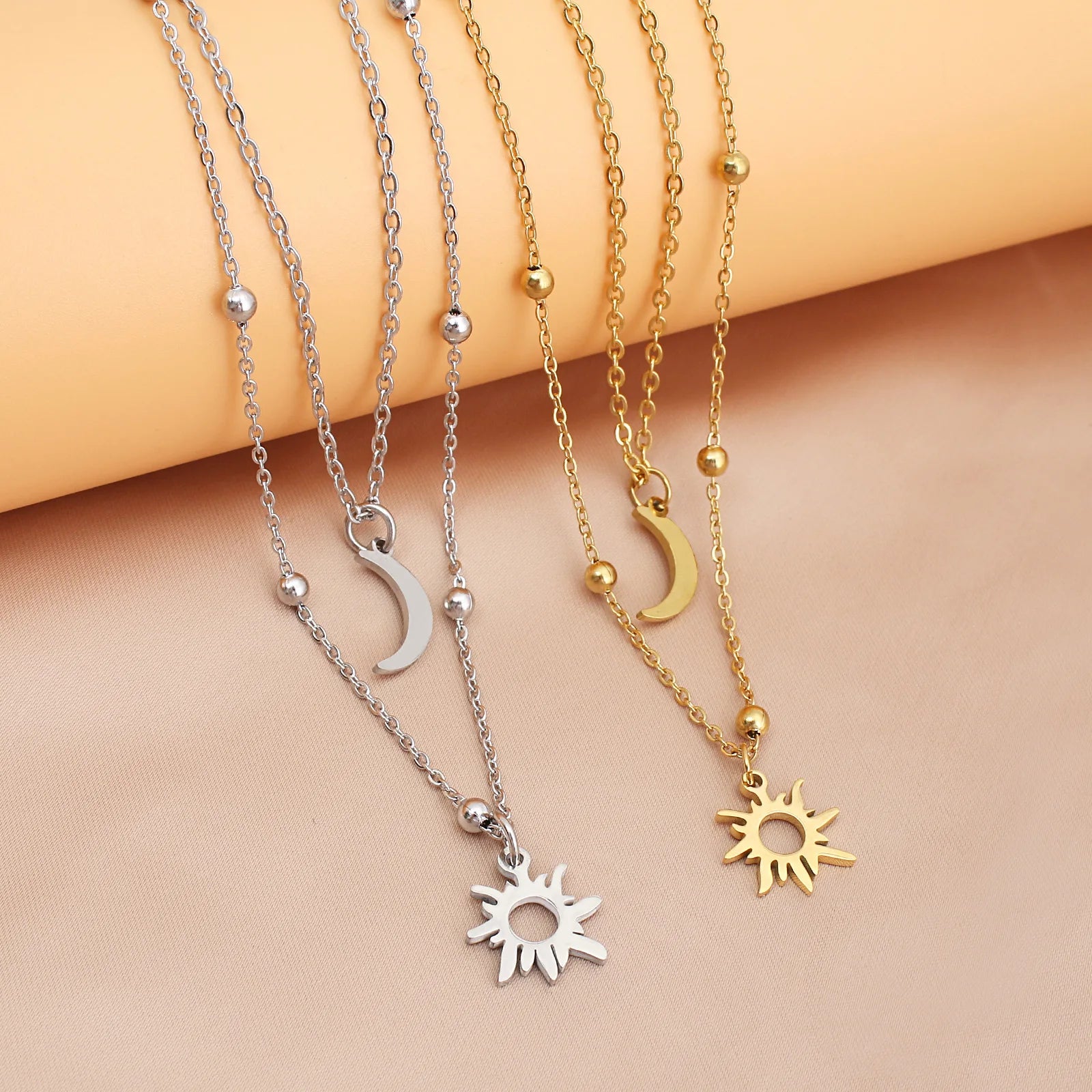 Stainless Steel Layers Necklace for Women Men Titanium Steel Sun Moon Charm Pendant Clavicle Chain Collarbone Choker Necklace