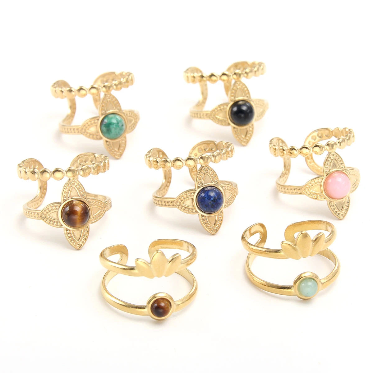 Wholesale Boho Double Layer Natural Stone Flower Rings Stainless Steel 18K Gold Plated Adjustable Charm Fashion Jewelry